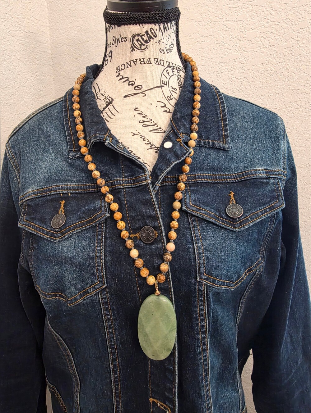 Boho Natural Picture Jasper Beaded Necklace Long Green Quartz Aventurine Pendant